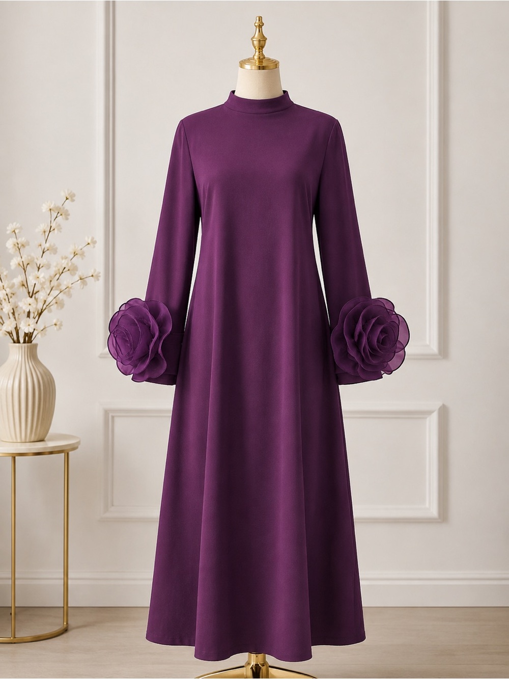 Elegant Purple Midi Dress with Floral Sleeve Detail